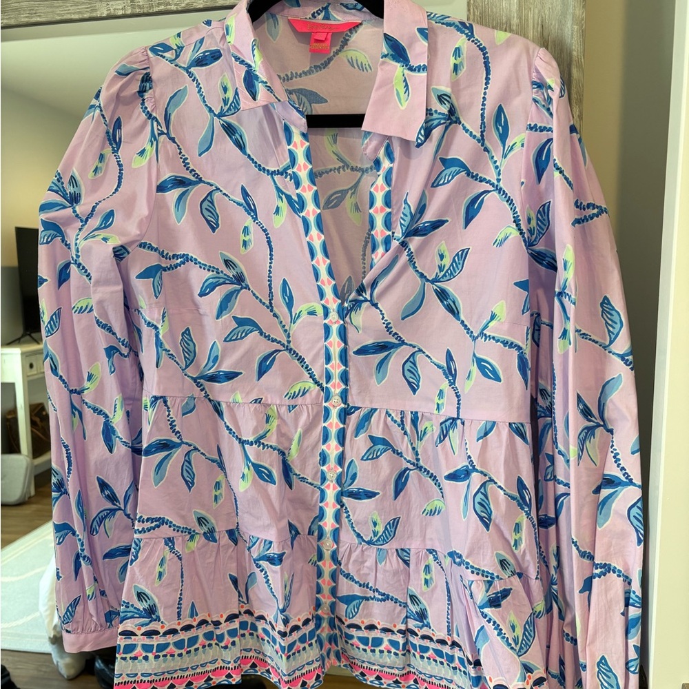 Lilly Pulitzer Blue and Lavender Boxy Embellished Blouse